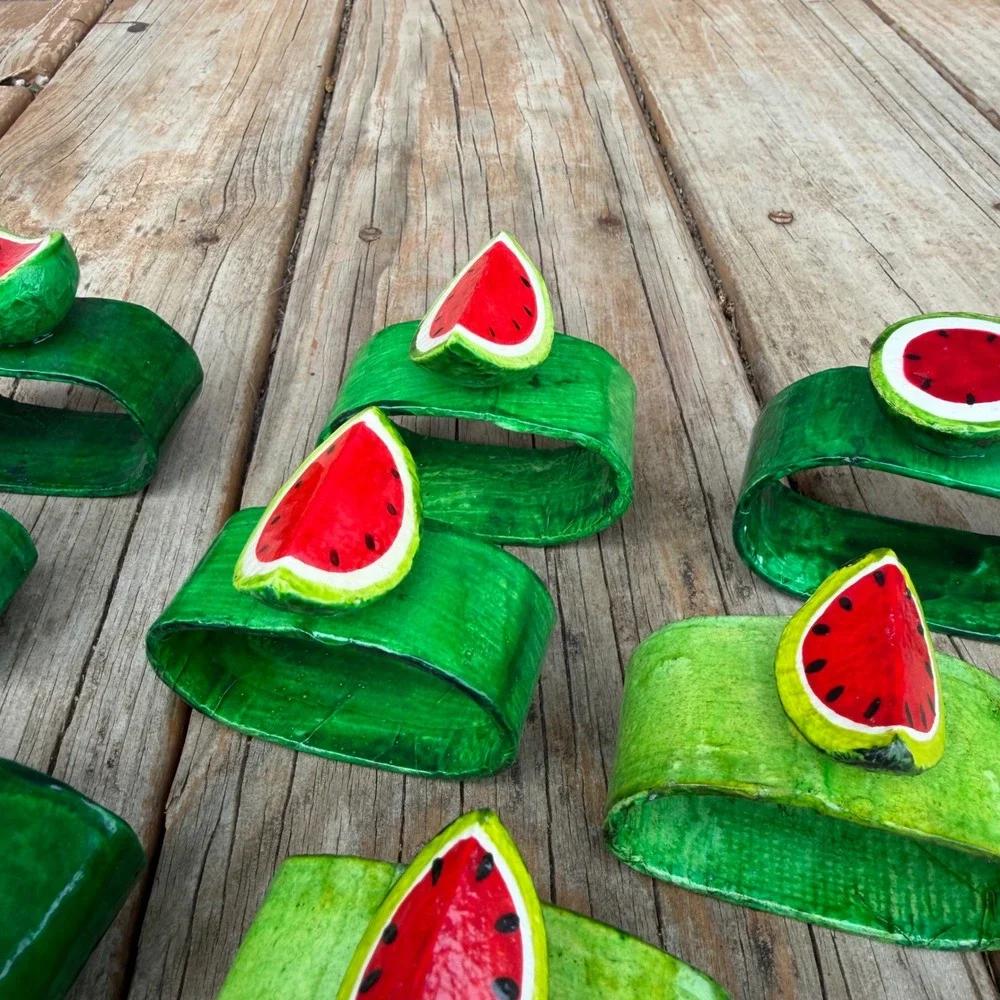 Handmade Watermelon Napkin Rings Set of 8 Green Red Summer Fruit Decor